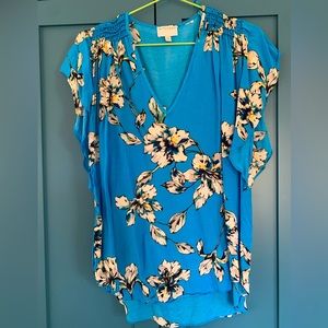 Tropical Floral Flutter-Sleeve Blouse